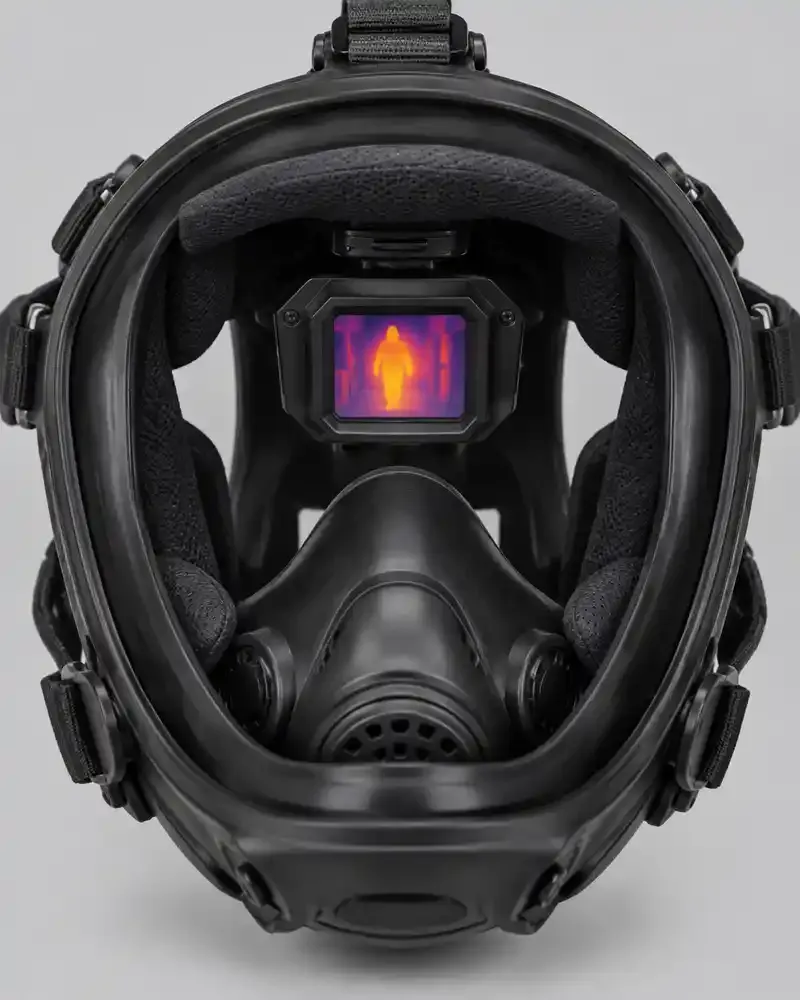 pantalla térmica dentro de máscara de bombero sobre fondo gris claro
