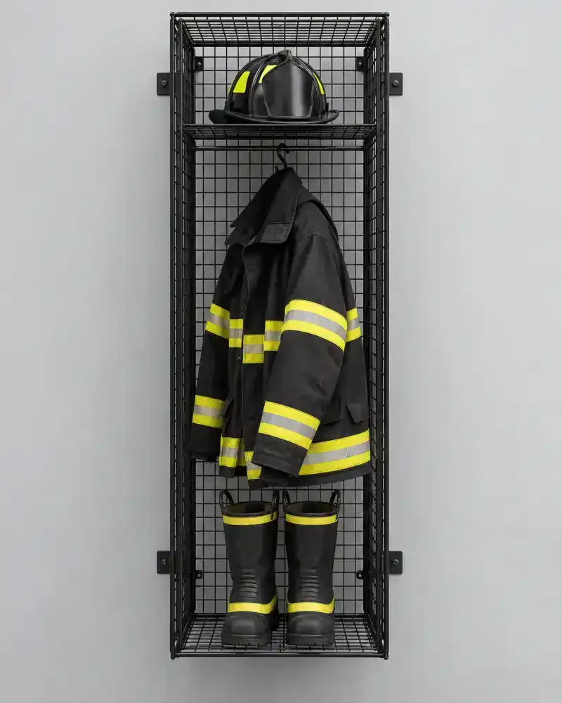casillero de pared para equipo de bombero sobre fondo gris claro