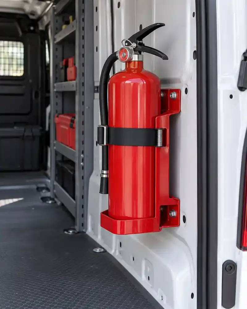 Soporte vehicular rojo con extintor en caja de vehículo de trabajo